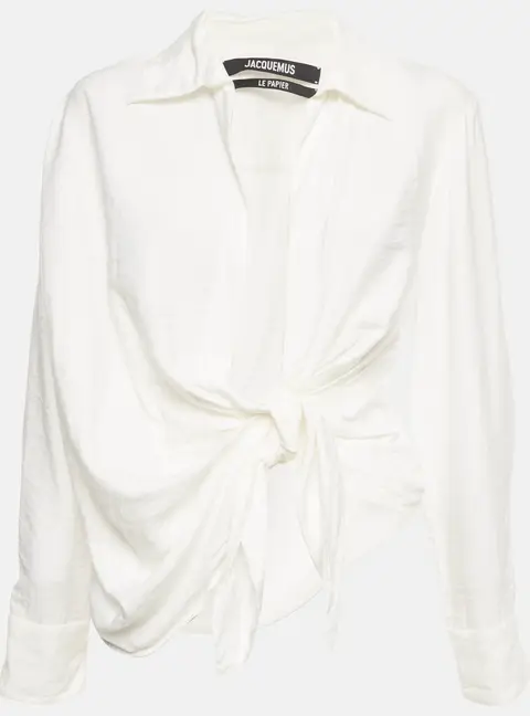 Jacquemus White Draped Plunge Neck Bahia Shirt S