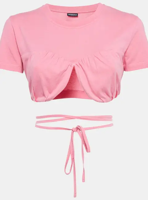 Jacquemus Pink Cotton Knit Underwired Lace-Up Baci Crop Top XS