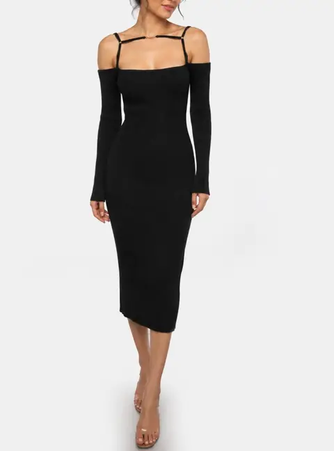 Jacquemus Black Rib Knit Off Shoulder La Robe Sierra Midi Dress L