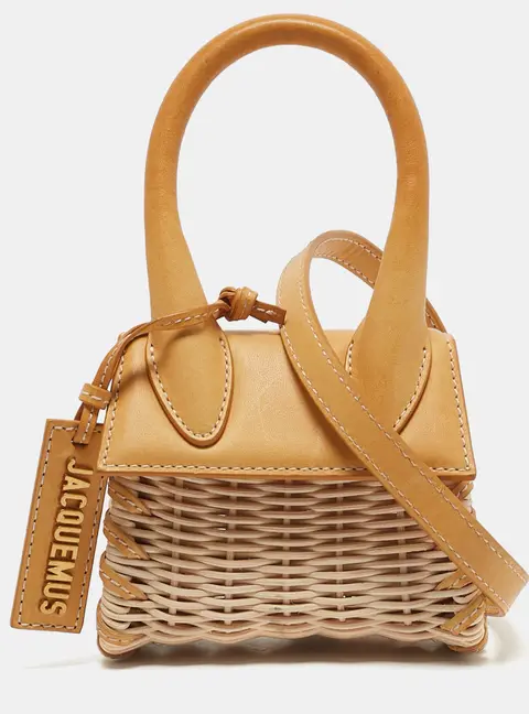 Jacquemus Mustard/Cream Rattan and Leather Mini Wicker Le Chiquito Top Handle Bag