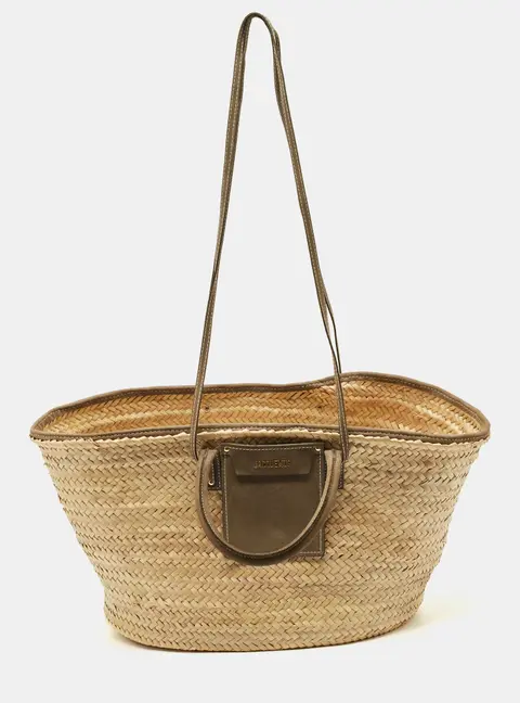 Jacquemus Green/Cream Woven Raffia and Nubuck Leather Le Panier Soleil Tote