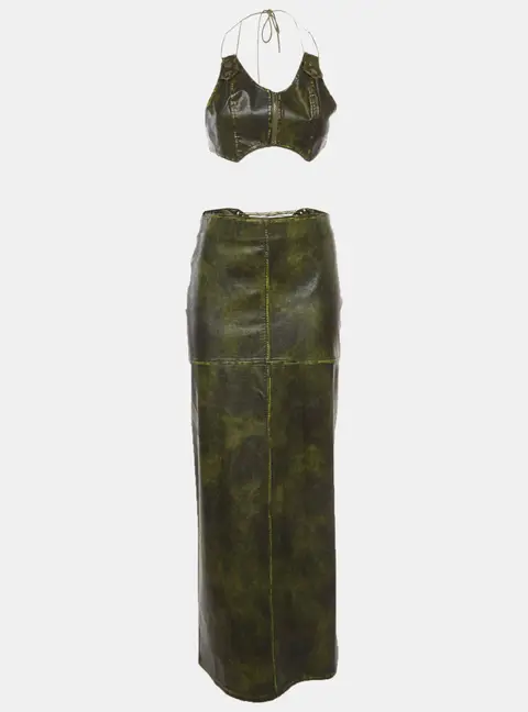 Jaded London Green Faux Leather Lace Up Maxi Skirt and Top Set M