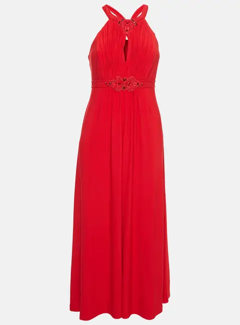 Jenny Packham Red Beaded Jersey Halter Neck Maxi Dress L
