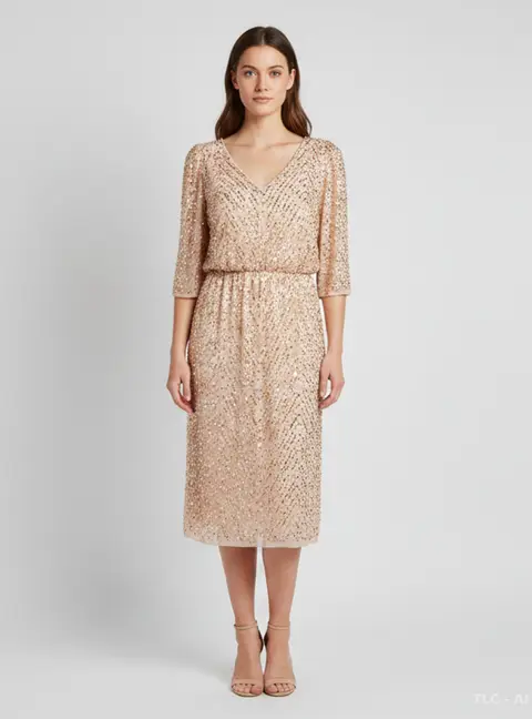 Jenny Packham Pink-Gold Chiffon Sequin Embellished Midi Dress M