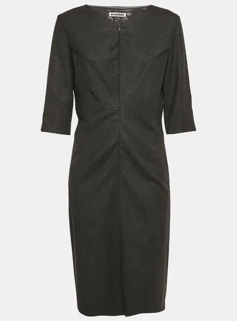 Jil Sander Grey Wool V-Neck Sheath Dress L