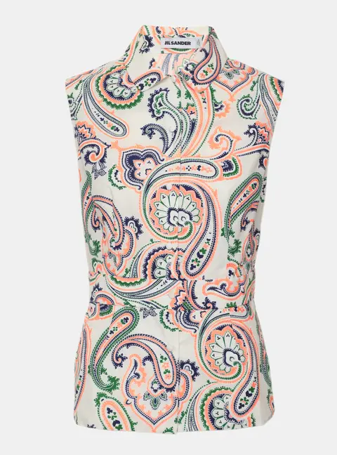 Jil Sander White Multicolor Printed Cotton Sleeveless Top S