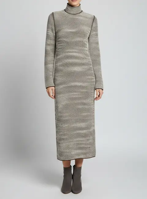 Jil Sander Brown/White Boucle Knit Turtleneck Maxi Dress S