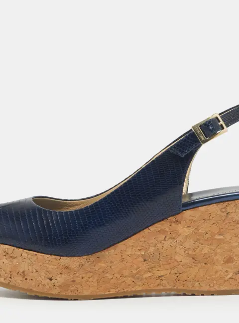 Jimmy Choo Navy Blue Lizard Embossed Leather Praise Wedge Sandals Size 36.5