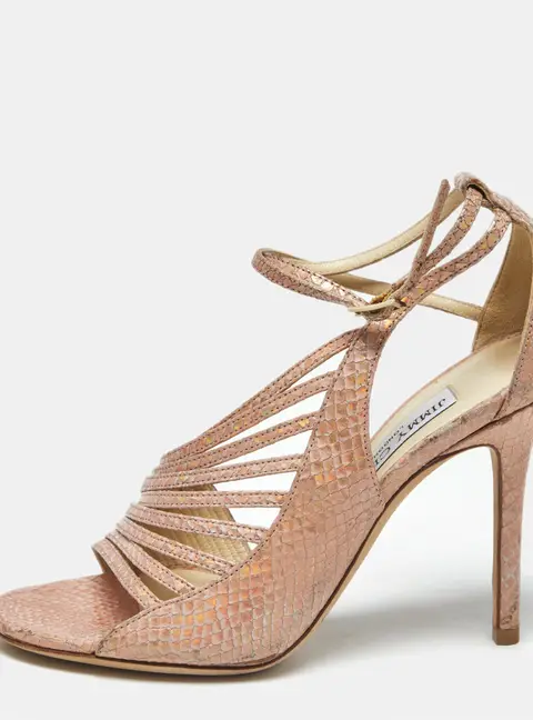 Jimmy Choo Florry Size 36.5 Pink Snakeskin Embossed Leather Ankle Strap Sandals