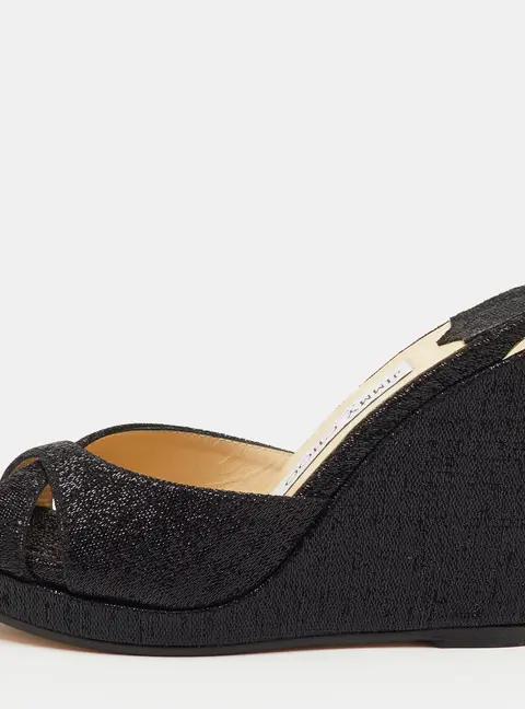 Jimmy Choo Almer Size 34.5 Black Metallic Lurex Fabric Criss Cross Wedge Sandals