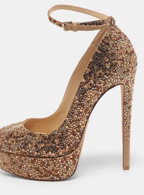 Jimmy Choo Size 37 Gold Suede Crystal Embellished Ankle Strap Pumps