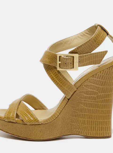 Jimmy Choo Lucia Size 35 Brown Lizard Embossed Leather Wedge Sandals