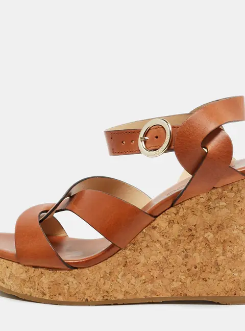 Jimmy Choo Aleili Size 39 Brown Leather Cork Ankle Strap Wedge Sandals