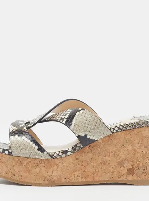Jimmy Choo Atia 75 Size 36 Grey/Brown Python Embossed Leather Cork Wedge Sandals
