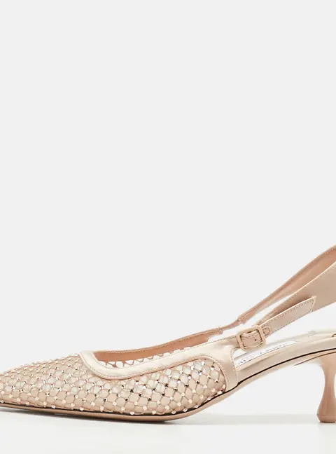 Jimmy Choo Amely Size 38 Pink Mesh and Satin Crystal Embellished Slingback Pumps