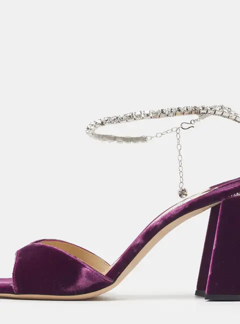 Jimmy Choo Saeda 85 Size 41.5 Purple Velvet Crystal-Embellished Ankle Strap Sandals