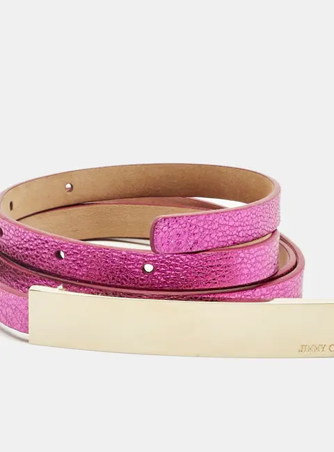Jimmy Choo Metallic Pink Leather Metal Logo Waist Slim Belt 85CM