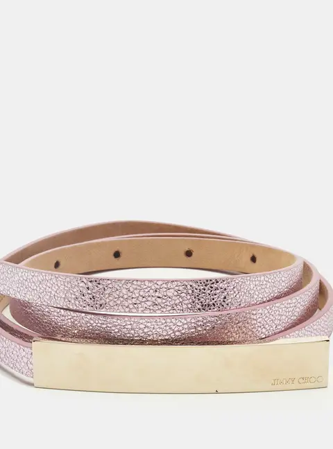 Jimmy Choo Metallic Pink Leather Logo Metal Slim Waist Belt 85CM