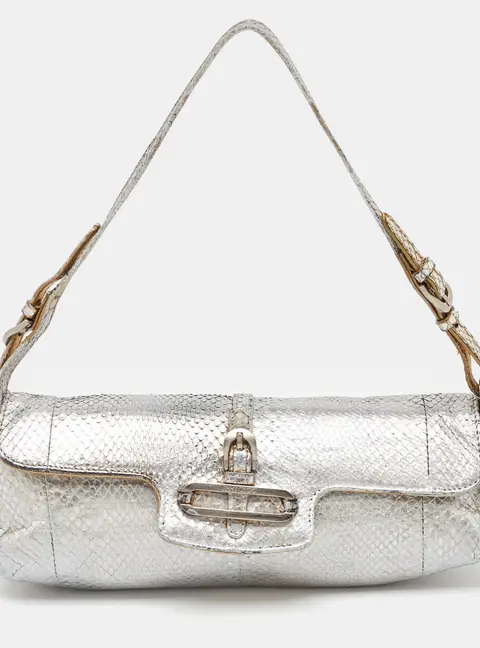 Jimmy Choo Metallic Silver Python Tulita Baguette Bag