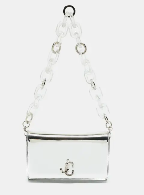 Jimmy Choo Varenne Silver Mirror Leather Acrylic Chain Clutch