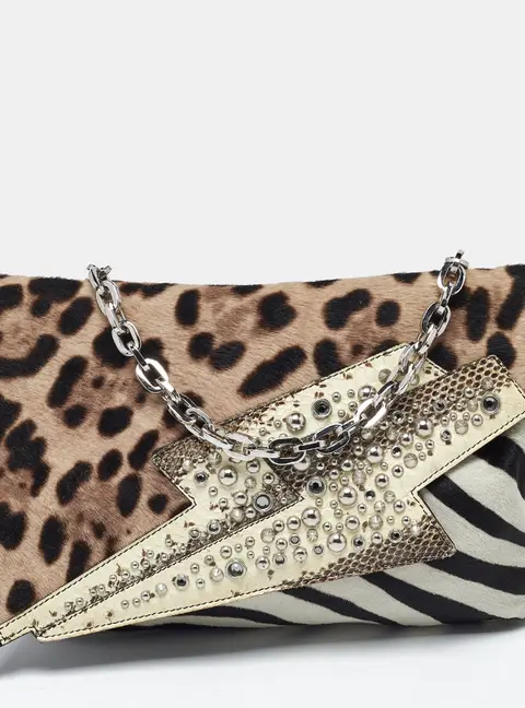 Jimmy Choo Animal Print Calf Hair and Python Embellished Shoulder Bag