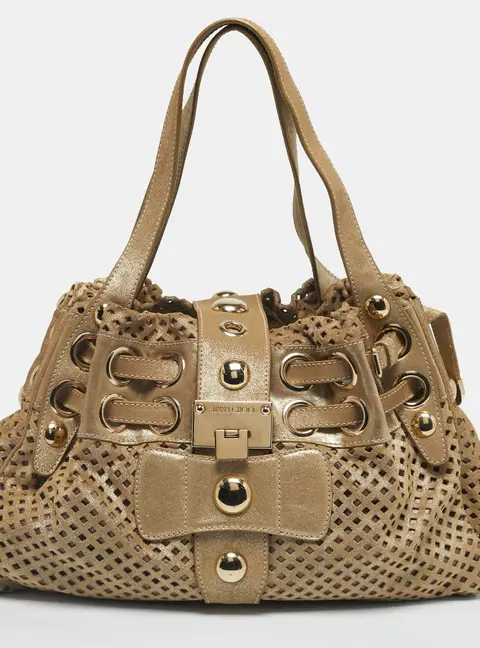 Jimmy Choo Gold Shimmer Perforated Suede Riki Tote