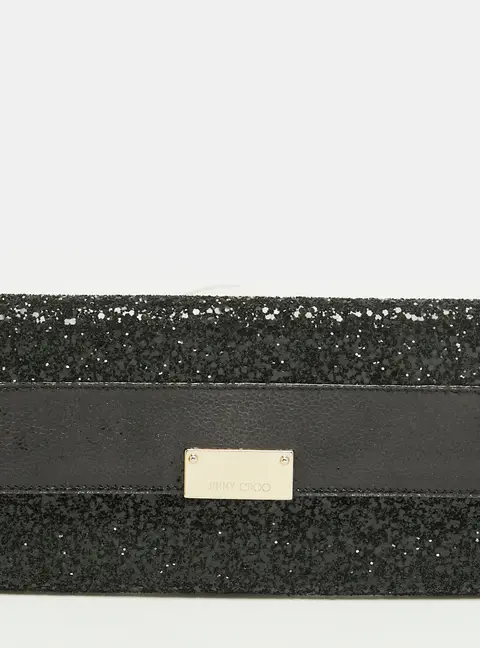 Jimmy Choo Reese Black Glitter and Leather Clutch