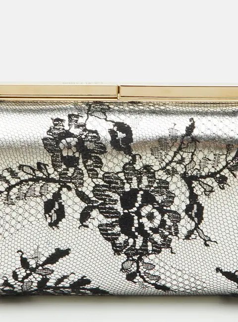 Jimmy Choo Camille Grey/Black Metallic Leather and Lace Clutch