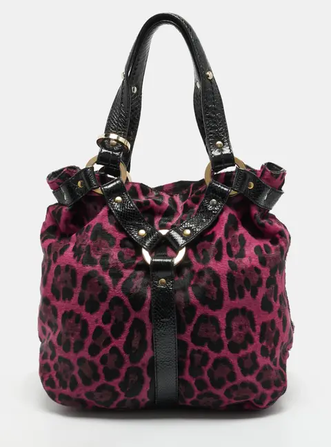Jimmy Choo Odette Black/Pink Leopard Print Calfhair and Snakeskin Tote