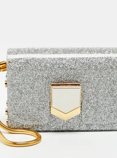 Jimmy Choo Lockett Silver Glitter Acrylic Minaudiere Clutch