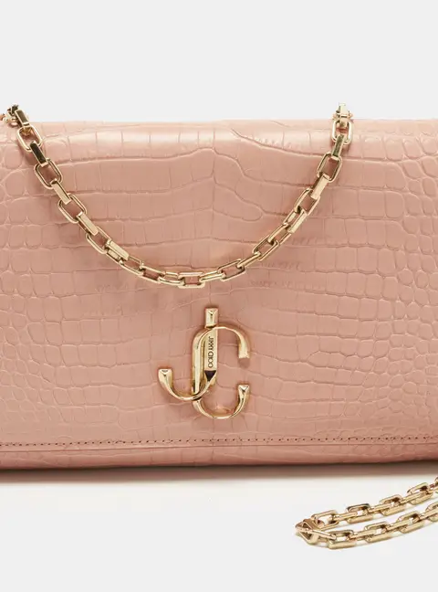 Jimmy Choo Varenne Pink Croc Embossed Leather Chain Clutch