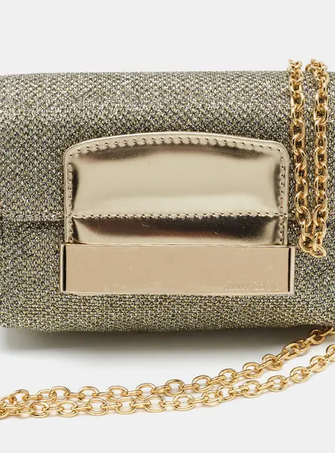 Jimmy Choo Caro Gold Glitter and Leather Chain Clutch