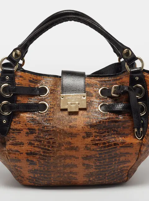 Jimmy Choo Riki Brown/Black Lizard Effect and Patent Leather Leather Hobo