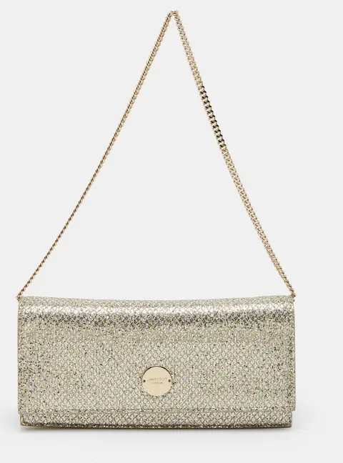 Jimmy Choo Fie Champagne Glitter Fabric Chain Clutch