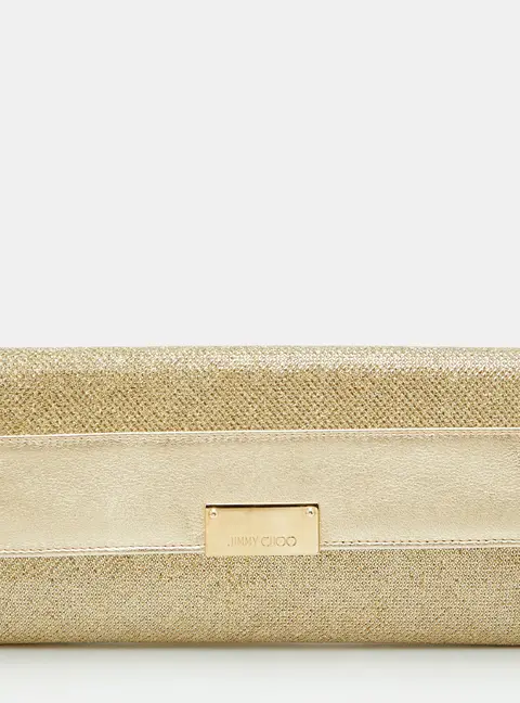 Jimmy Choo Reese Gold Leather and Metallic Lurex Fabric Clutch