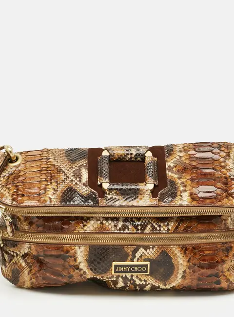 Jimmy Choo Mave Foldover Brown Python and Suede Wristlet Clutch