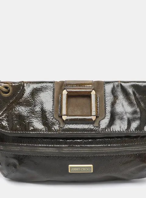 Jimmy Choo Mave Dark Green Patent Leather Foldover Clutch
