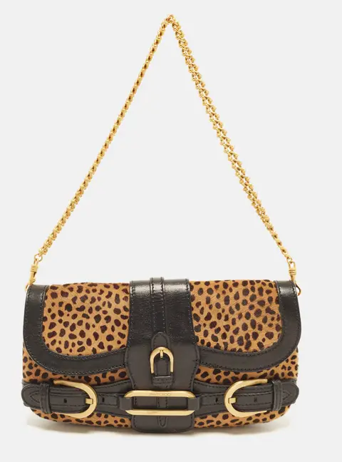 Jimmy Choo Tulita Chain Black/Brown Leopard Print Calfhair and Leather Shoulder Bag