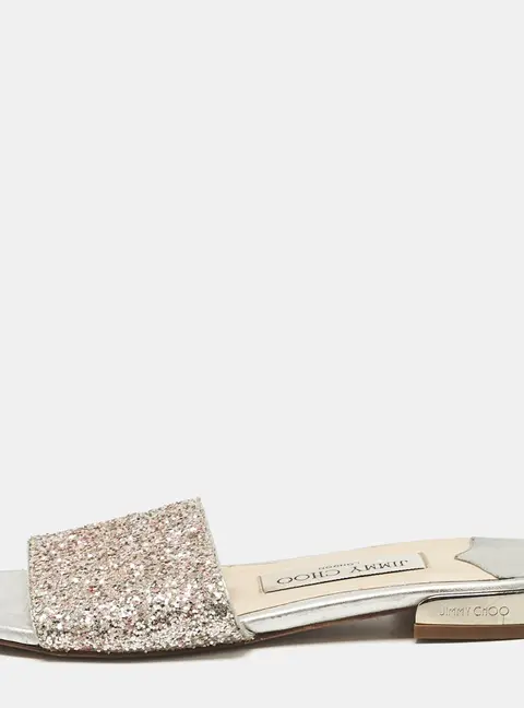 Jimmy Choo Silver/Pink Glitter Joni Flat Slides Size 36