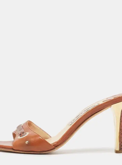 Jimmy Choo Brown Leather and Snakeskin Leather Slide Sandals Size 37.5