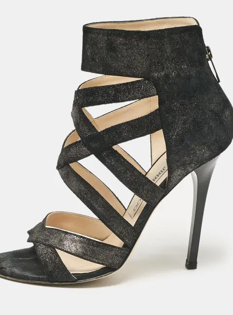 Jimmy Choo Black Glitter Suede Strappy Sandals Size 38.5