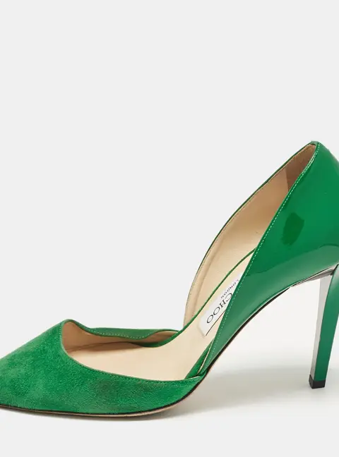 Jimmy Choo Green Patent Leather and Suede Liz Pointed Toe D'orsay Pumps Size 36.5