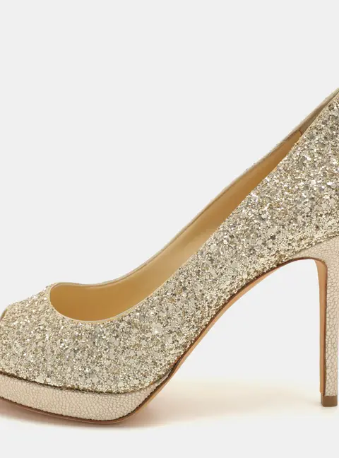 Jimmy Choo Metallic Gold Glitter Dahlia Platform Peep Toe Pumps Size 38.5
