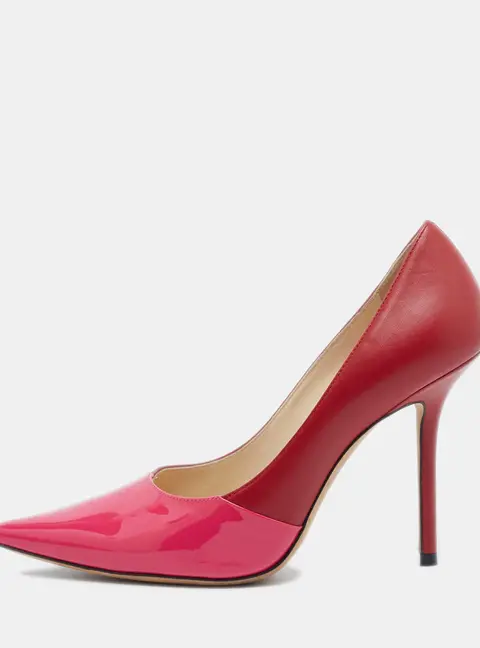 Jimmy Choo Pink/Red Patent and Leather Asymmetric Love Pumps Size 37