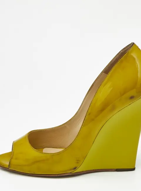 Jimmy Choo Yellow Patent Leather Bello Peep Toe Wedge Pumps Size 38