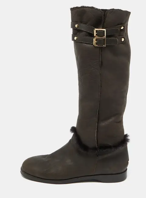 Jimmy Choo Dark Brown Leather and Fur High Snow Boots Size 40
