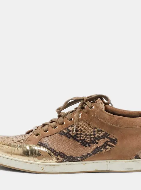 Jimmy Choo Beige Python Embossed Leather and Suede Miami Lace Up Sneakers Size 40