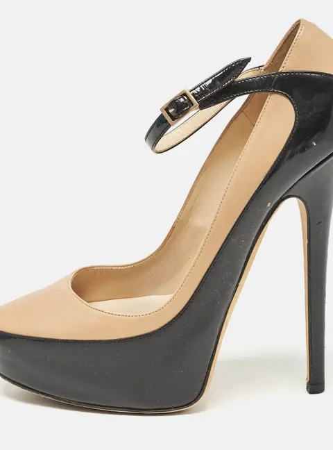 Jimmy Choo Black/Beige Leather and Patent Siskin Platform Pumps Size 40