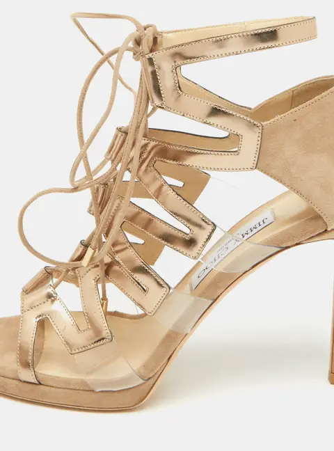 Jimmy Choo Beige Suede and PVC Dani Cut Out Sandals Size 39