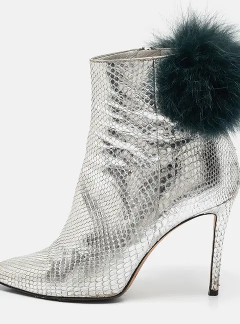 Jimmy Choo Silver Python Embossed Leather and Fur Ankle Length Boots Size 36.5